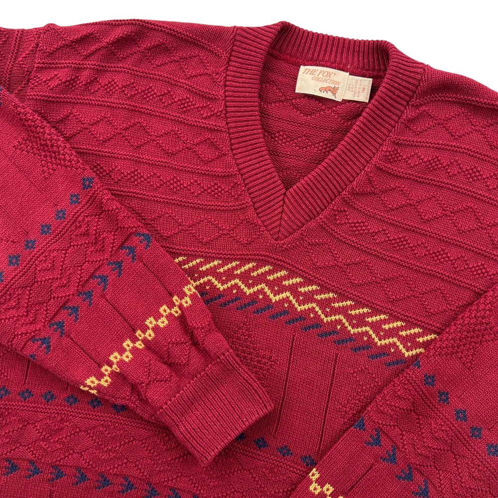 VTG 90s The Fox Collection V-Neck Sweater Mens M Red Geometric Knit Ivy Prep USA